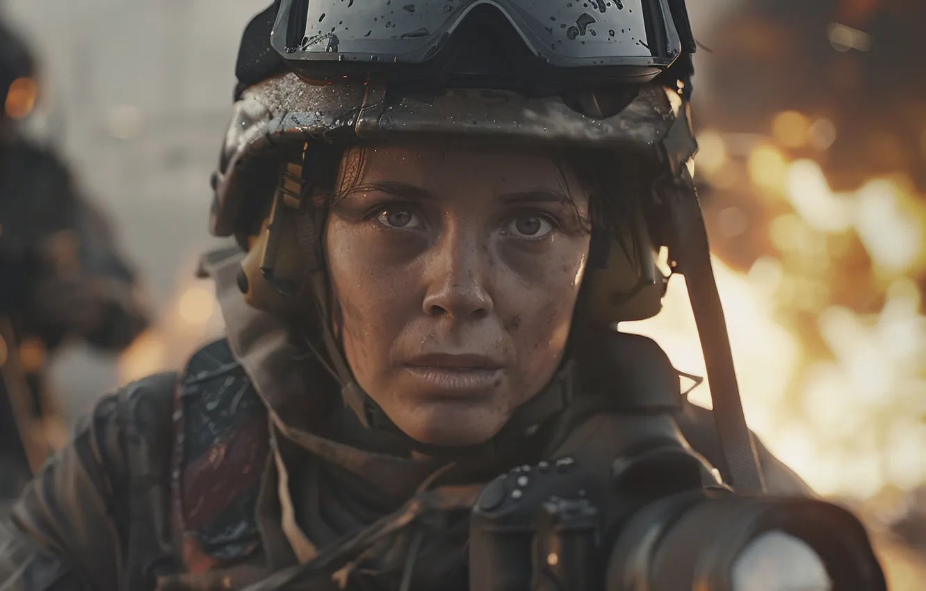 Photo wallpaper look, girl, glasses, soldiers, the camera, helmet, digital art, AI art