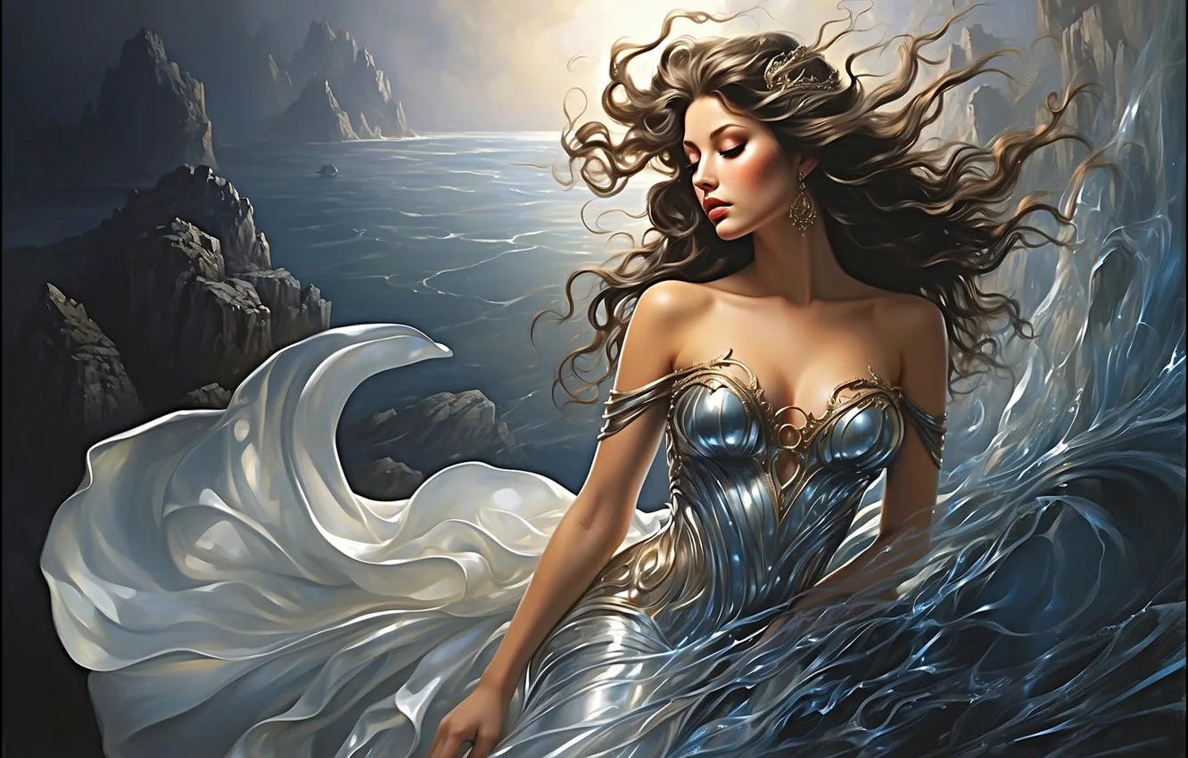 Photo wallpaper sea, look, girl, pose, dress, AI art, neural network