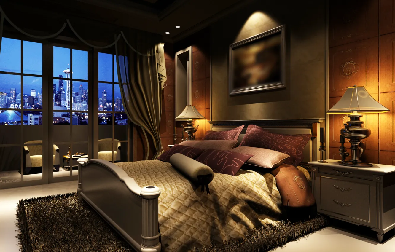 Photo wallpaper light, the city, room, bed, interior, picture, window