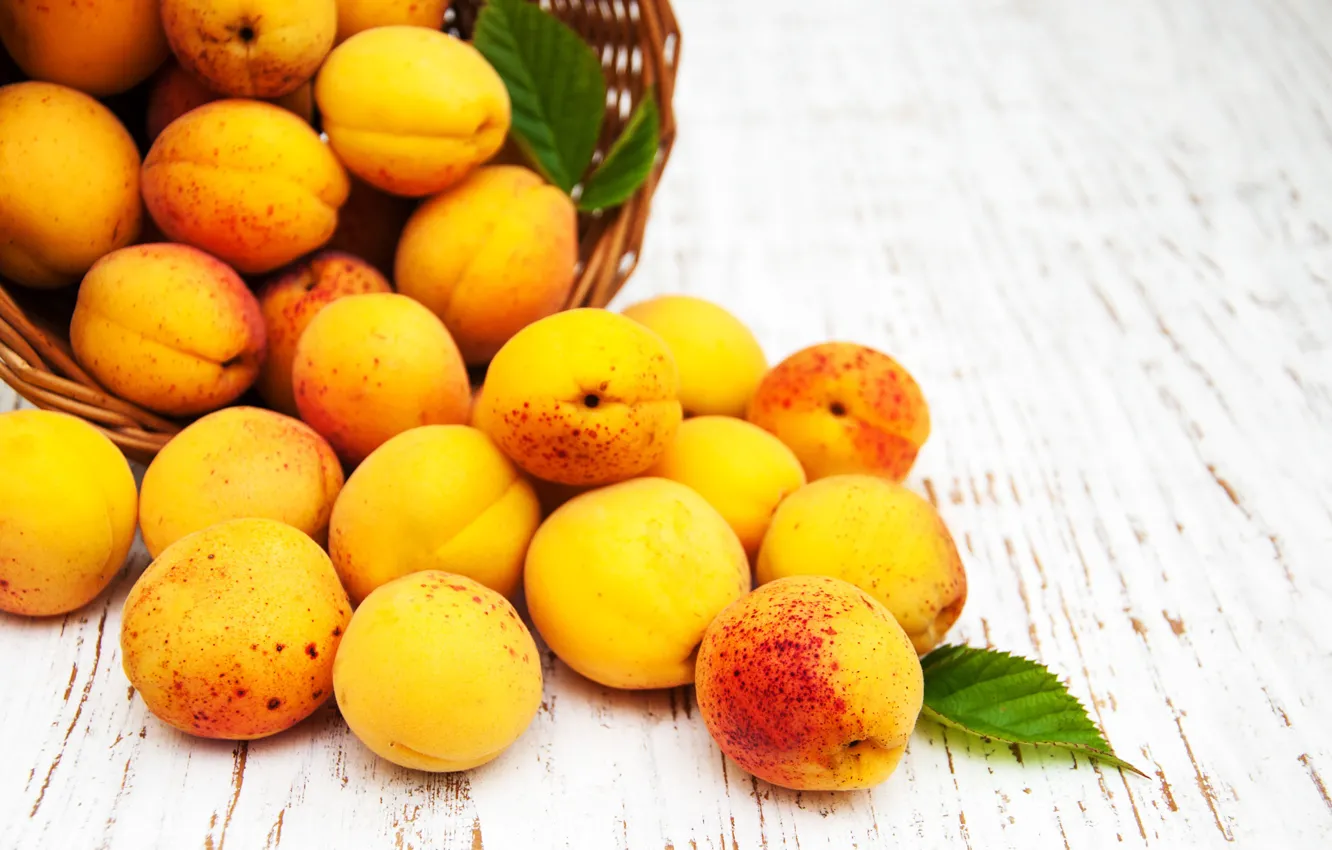 Photo wallpaper leaves, yellow, basket, fruit, bokeh, apricots