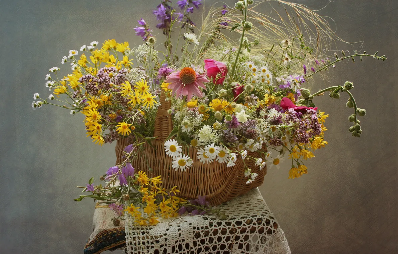 Photo wallpaper summer, basket, chamomile, field