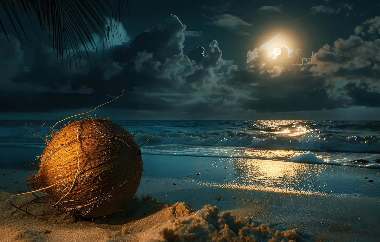 Photo wallpaper sand, sea, wave, beach, the sky, clouds, light, night