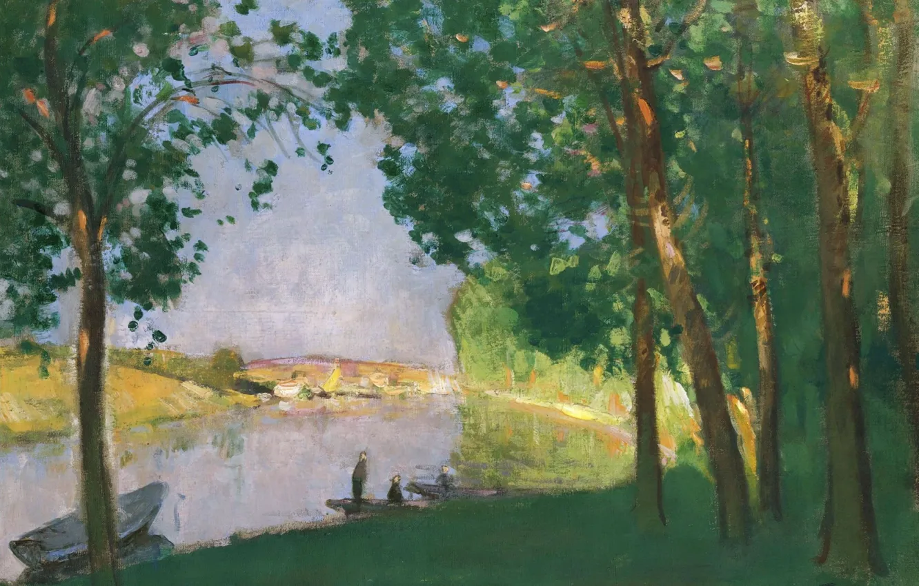 Photo wallpaper landscape, boat, picture, 1910, Pierre Eugène Montesin, Pierre-Eugene Montezin, Sea-sur-Loing. The River