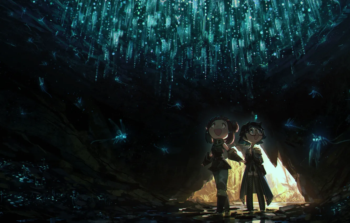 Photo wallpaper lights, girl, insect, cave, delight, porforever