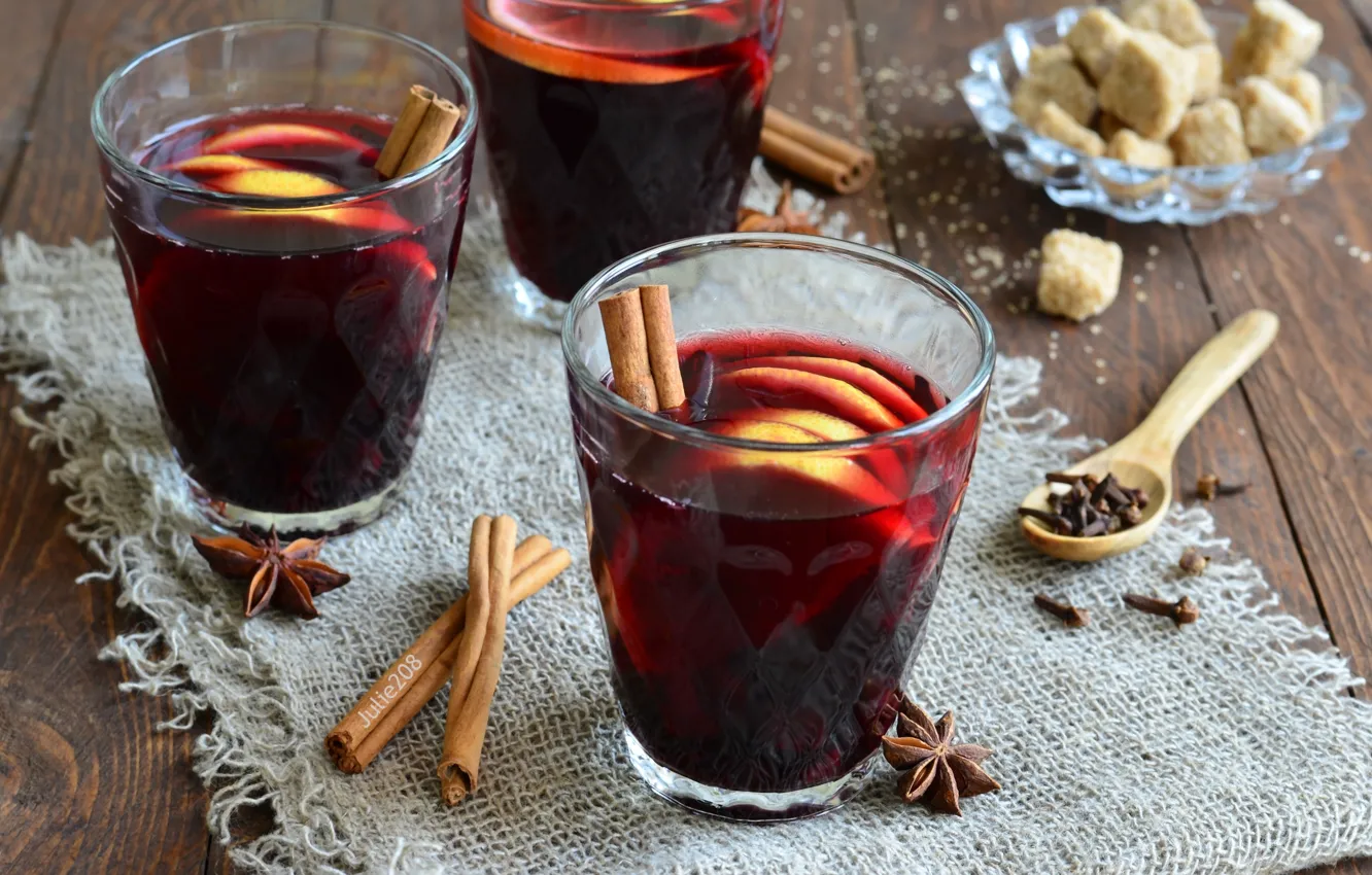 Photo wallpaper glass, apples, sugar, drink, cinnamon, clove, star anise, mulled wine