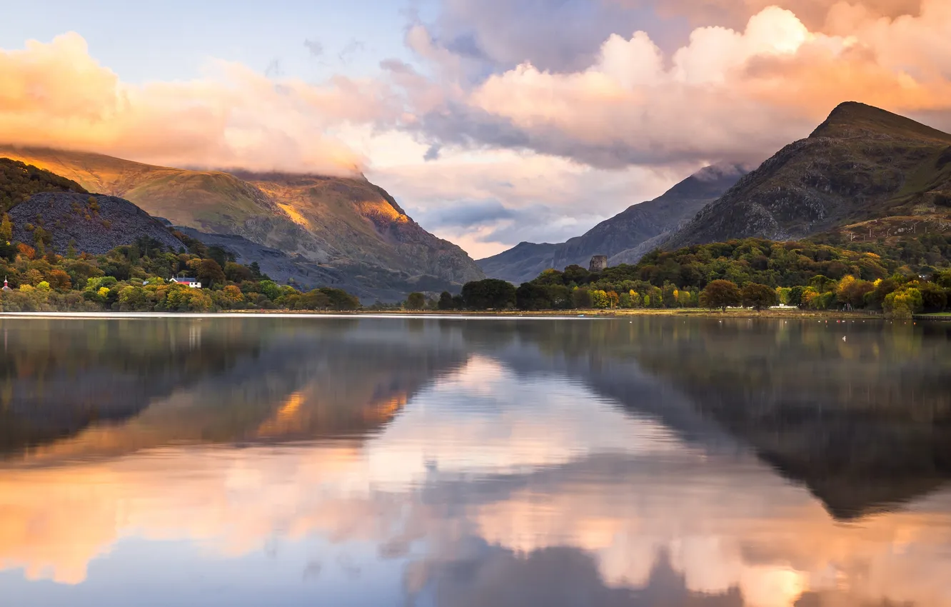 Photo wallpaper clouds, sunset, beauty, space, sunset, the reflection in the water, water surface, Wales