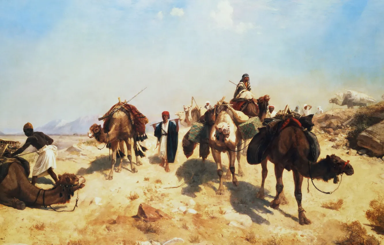 Photo wallpaper landscape, picture, camel, Jean-Leon Gerome, Caravan in the Desert