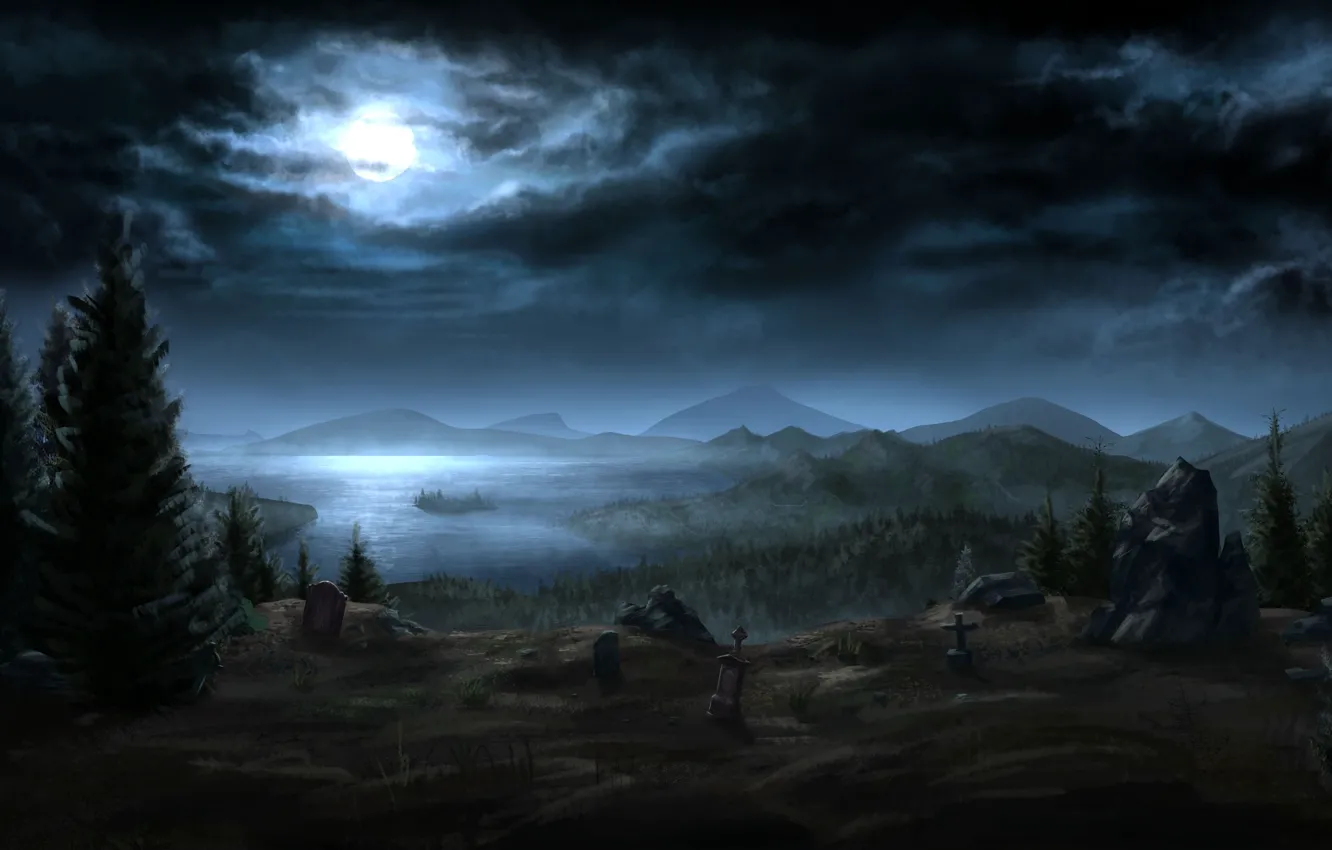 Photo wallpaper clouds, trees, landscape, night, river, the moon, graves, spruce