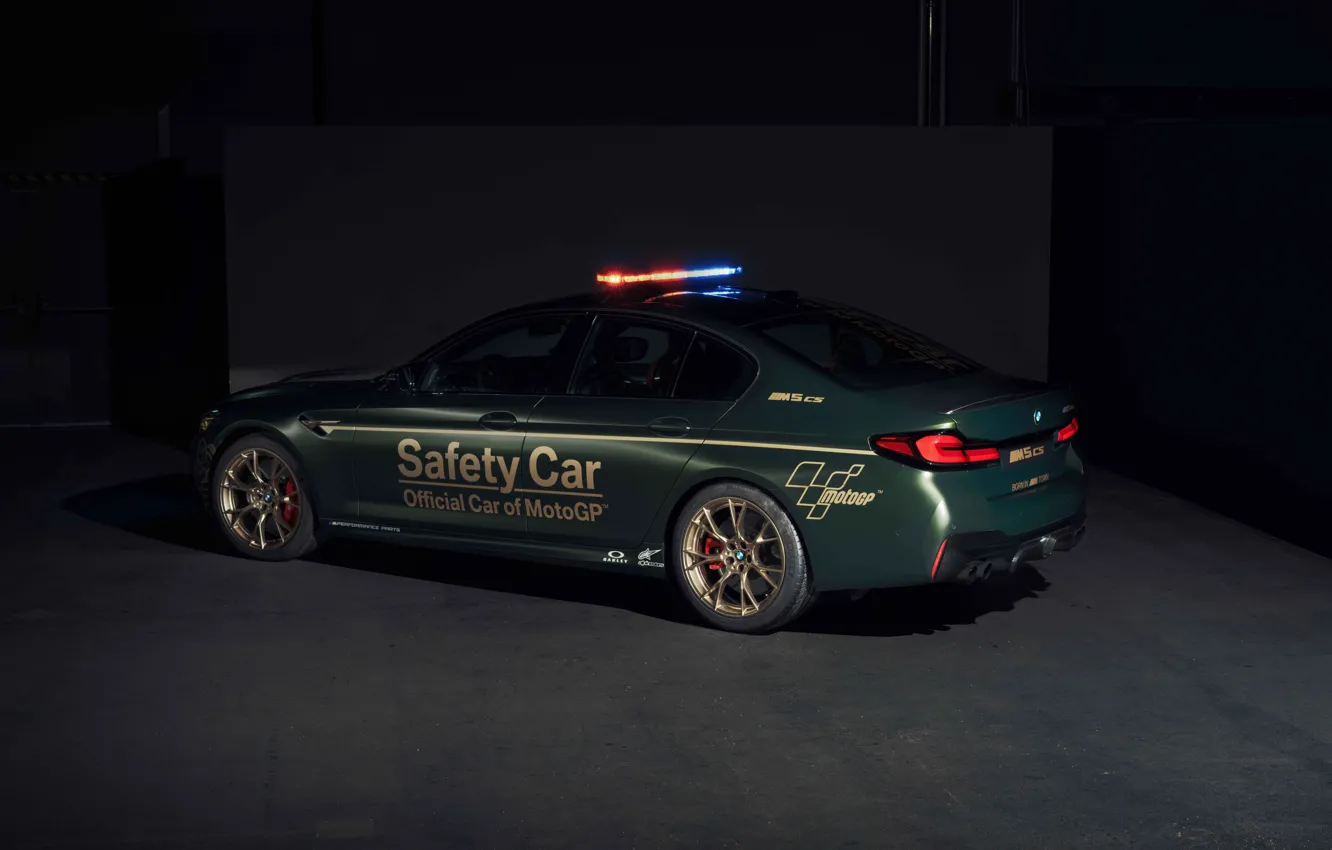 Photo wallpaper green, BMW, MotoGP, Lights, Safety Car, backside, M5 CS, Dark background