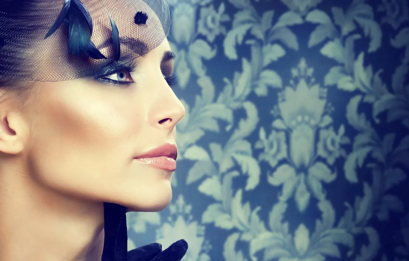 Photo wallpaper girl, face, mesh, Wallpaper, shadow, feathers, makeup, lipstick