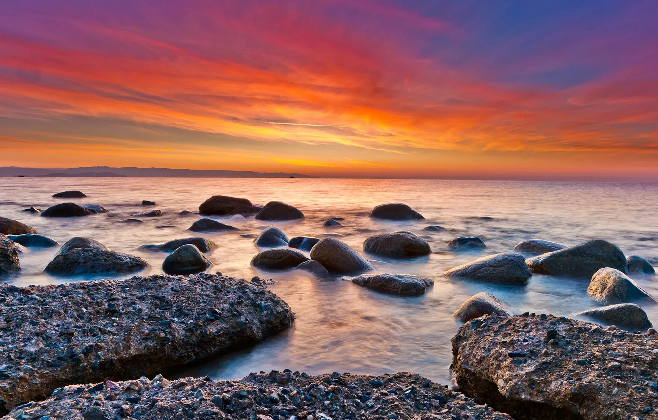 Photo wallpaper sea, the sky, sunset, bright, stones