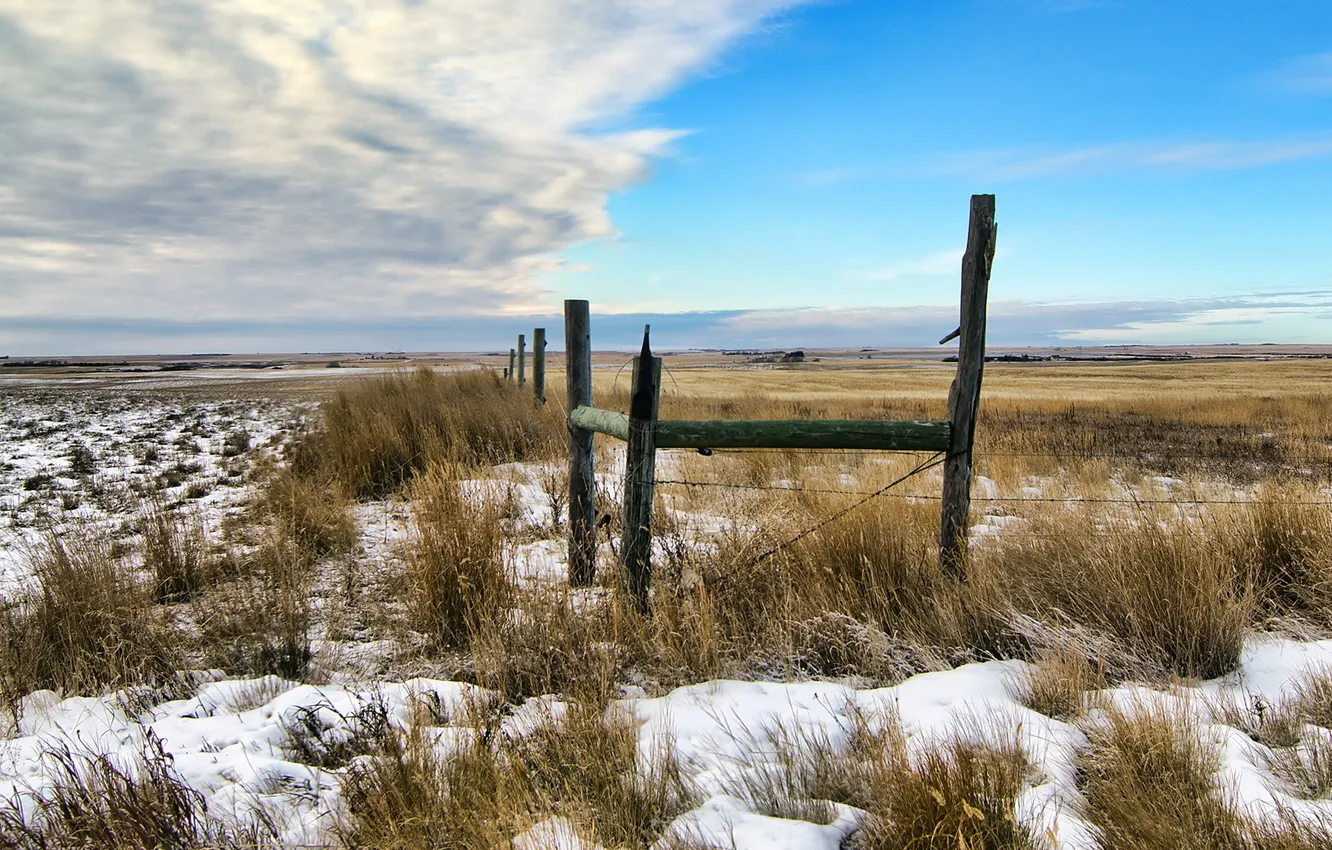 Photo wallpaper field, the sky, snow, the fence