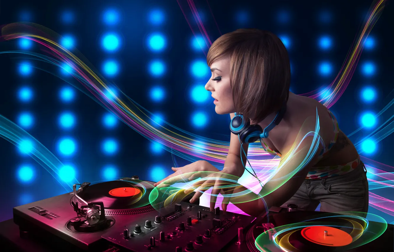 Photo wallpaper girl, line, abstraction, headphones, record, DJ