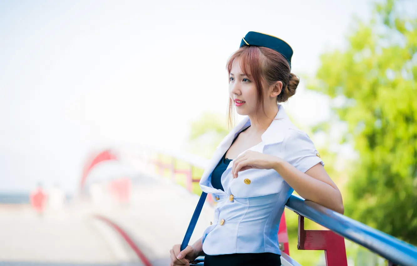 Photo wallpaper girl, Asian, cutie, uniform, stewardess