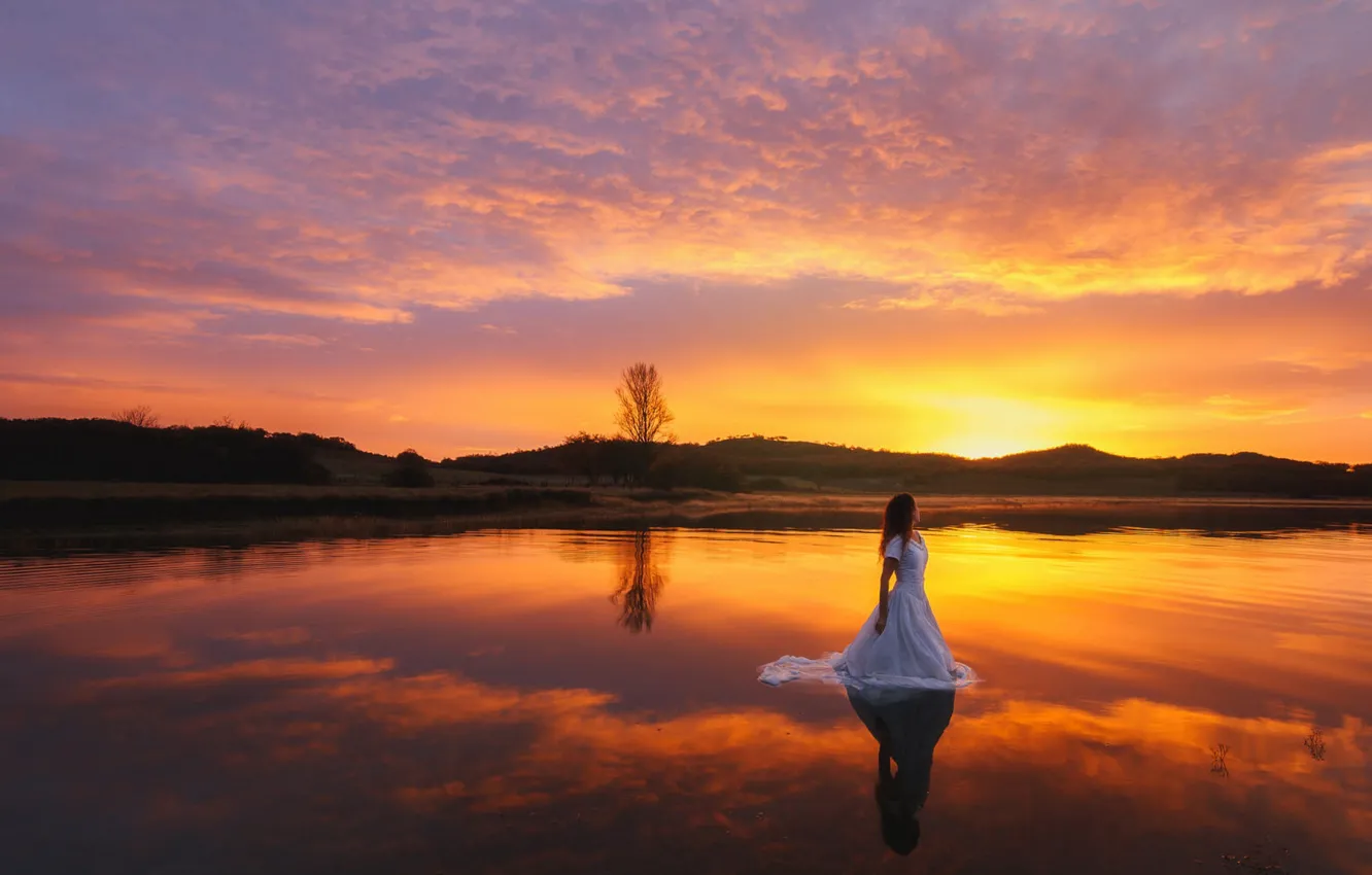 Photo wallpaper the sky, girl, landscape, nature, romance, dal, dress, long hair