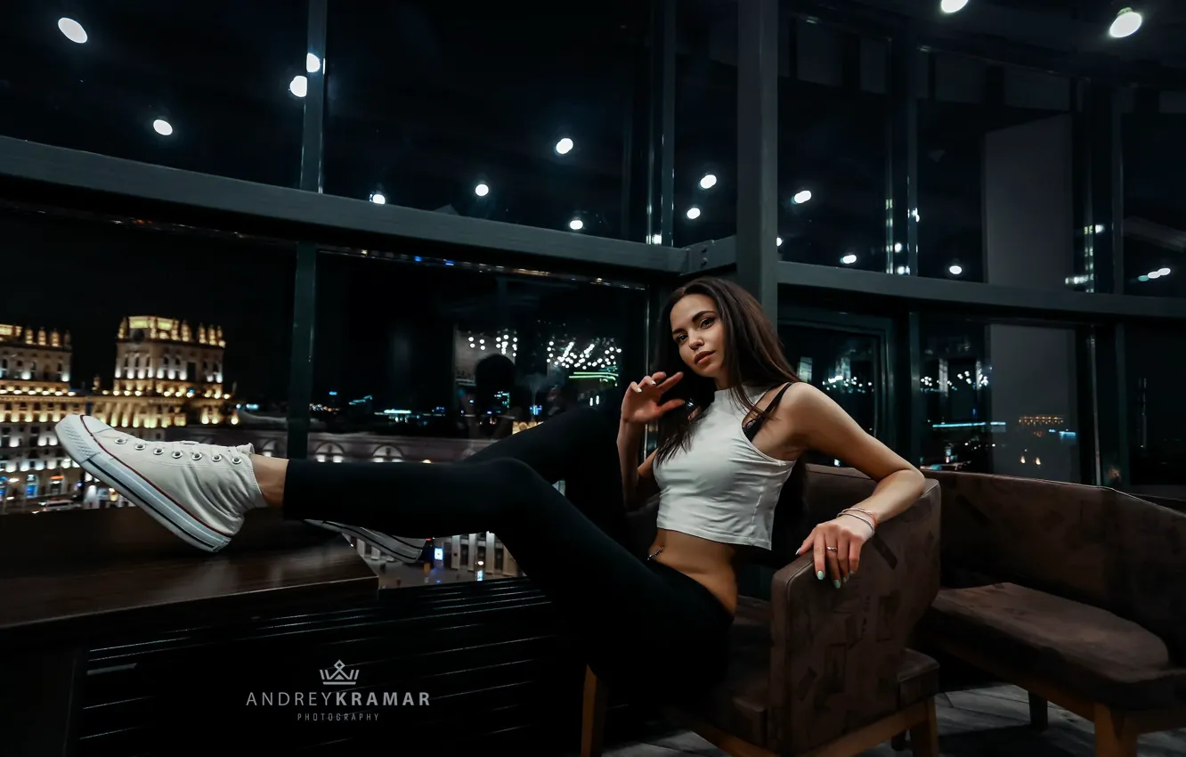 Photo wallpaper chest, look, girl, night, face, pose, tummy, sneakers