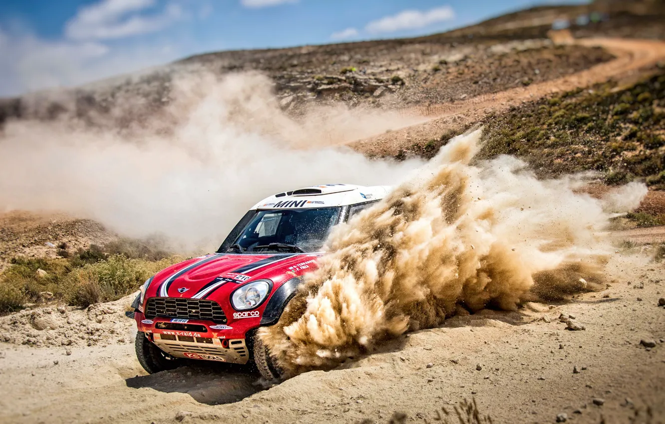 Photo wallpaper sand, race, sport, speed, Mini, dust, turn, SUV