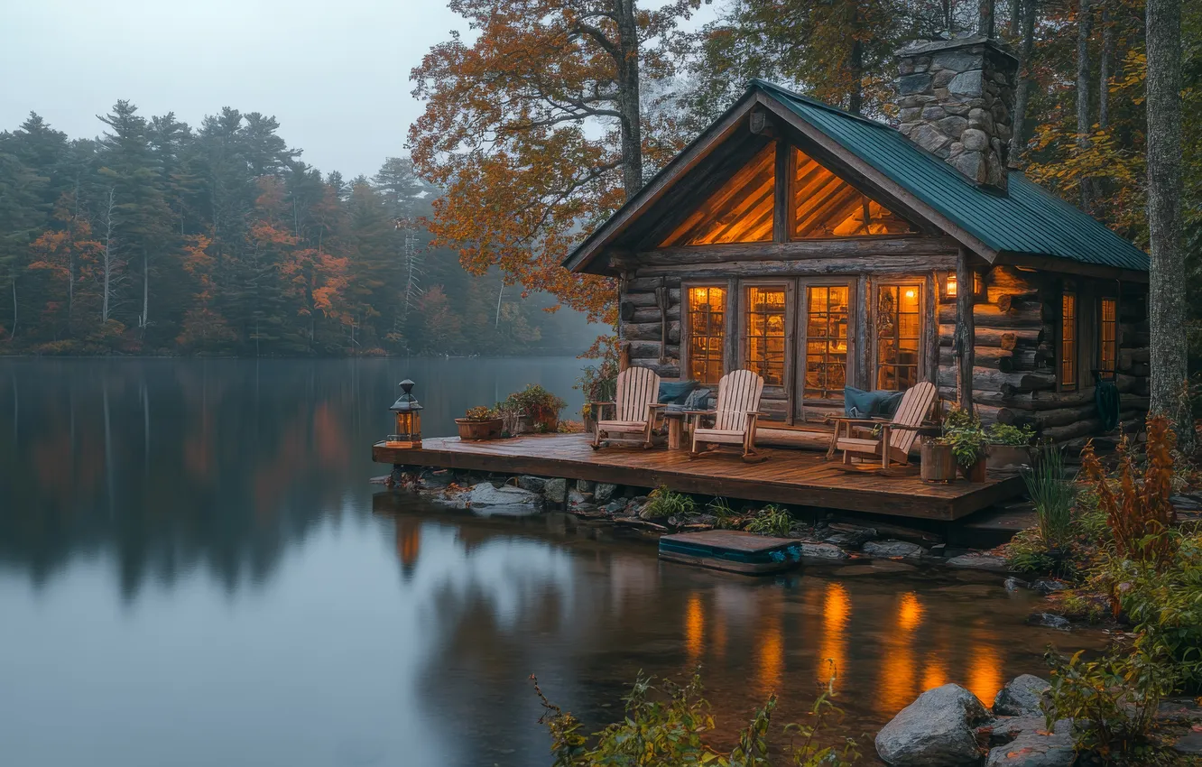 Photo wallpaper autumn, light, trees, landscape, nature, lights, comfort, lake