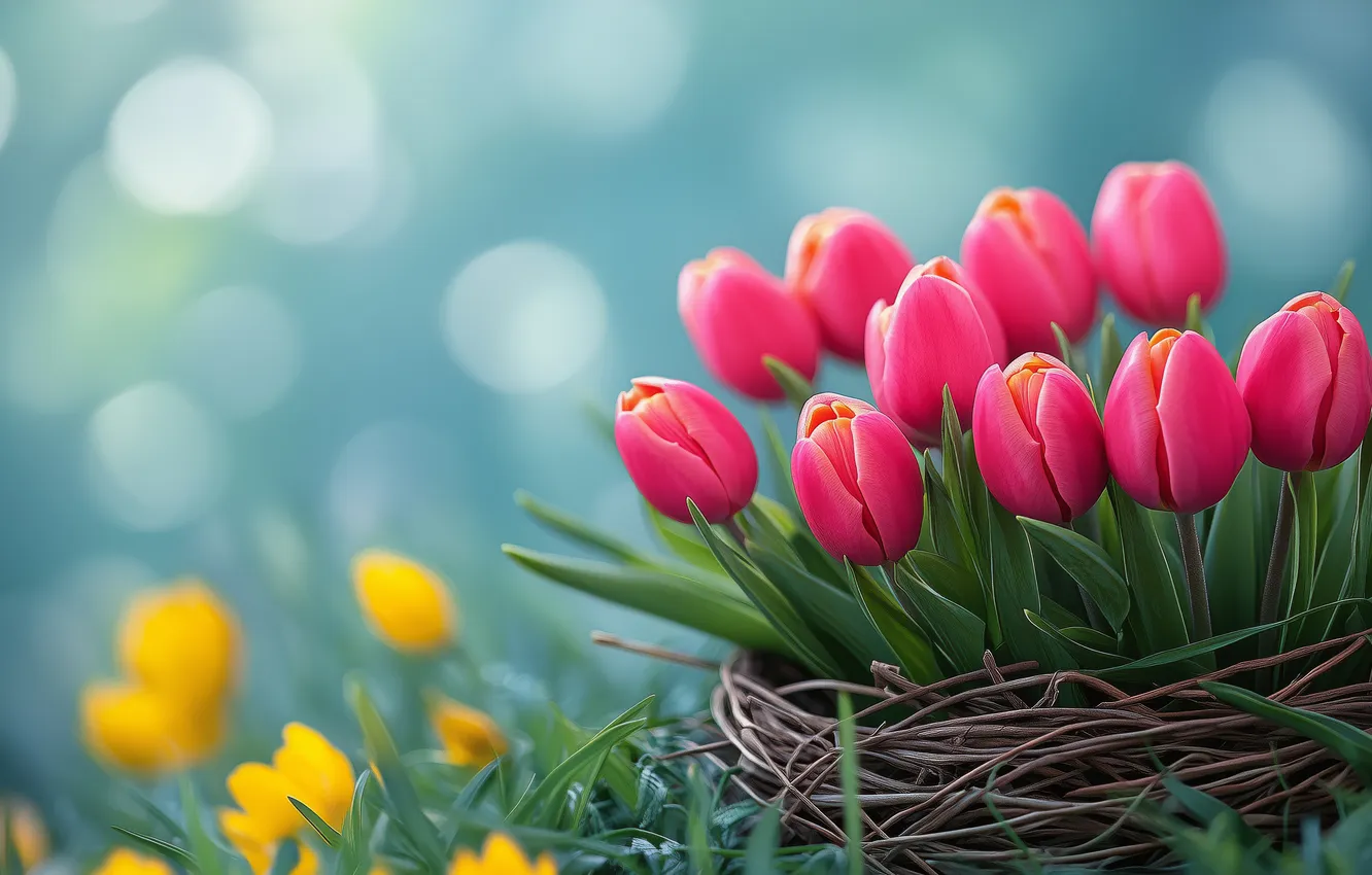 Photo wallpaper flowers, holiday, bouquet, AI art, buds, tulips, blue background, bokeh