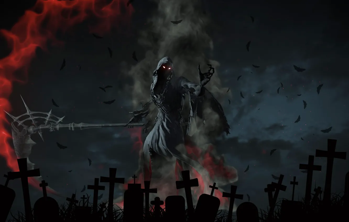 Photo wallpaper night, death, flame, cross, cemetery, bats, headstone, the grim Reaper