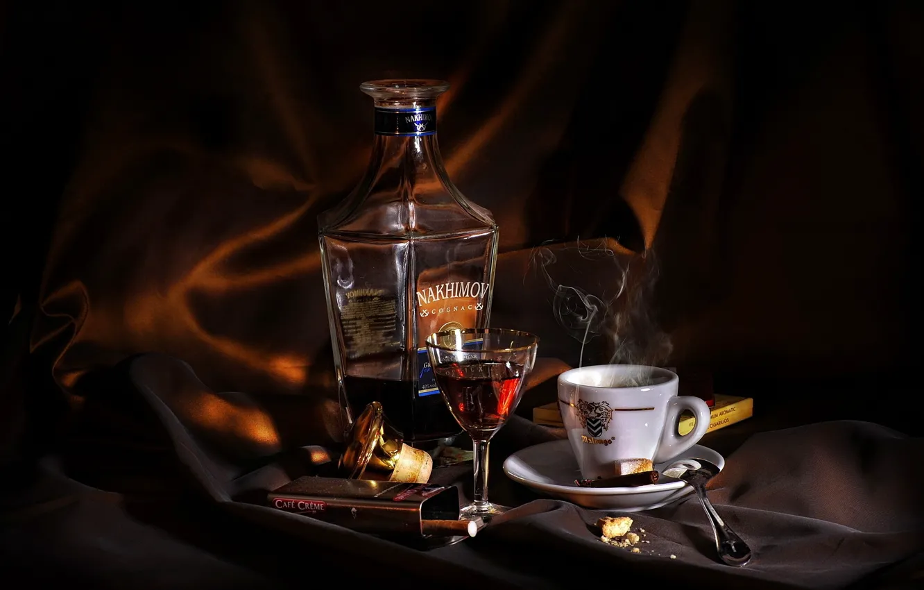 Photo wallpaper background, coffee, cigarette, pack, cognac, dark, tea, spoon