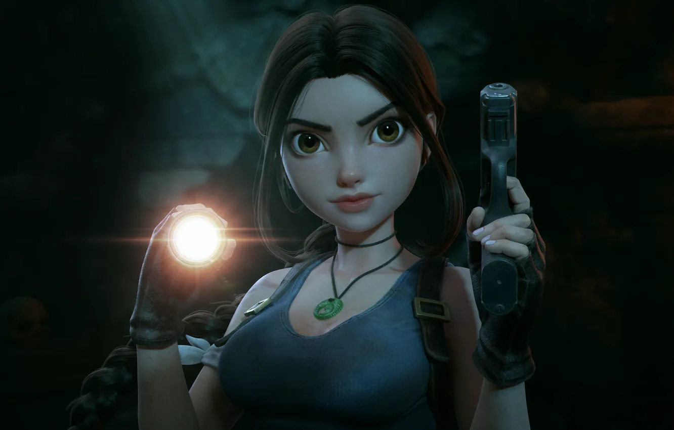 Photo wallpaper Tomb Raider, gun, pistol, women, brunette, Lara Croft, digital art, fan art