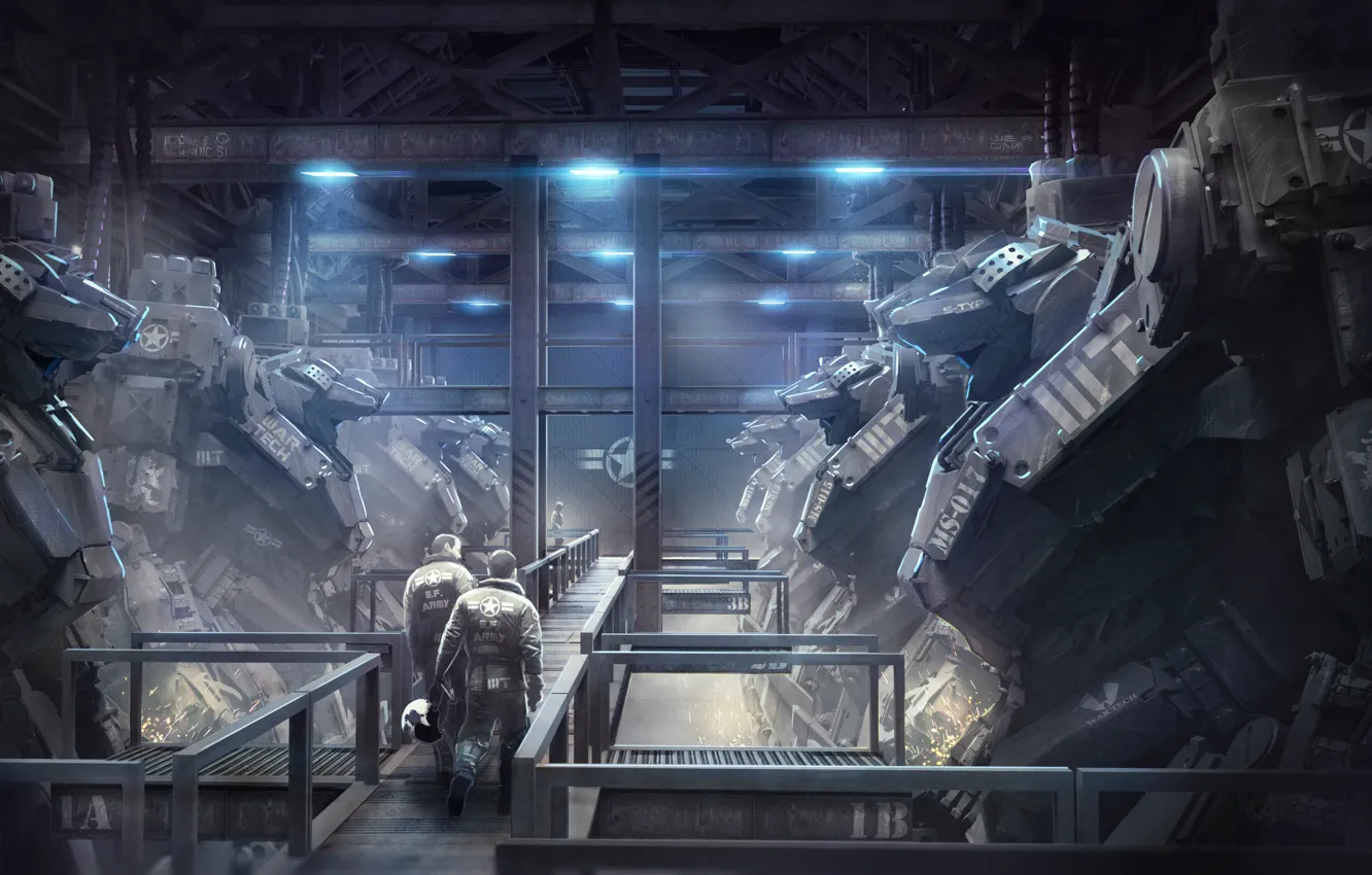 Photo wallpaper robot, hangar, soldiers, pilot, art, mech