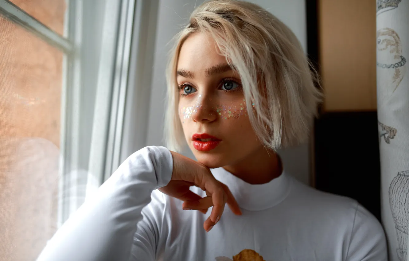 Photo wallpaper pose, model, portrait, makeup, hairstyle, blonde, blouse, sitting