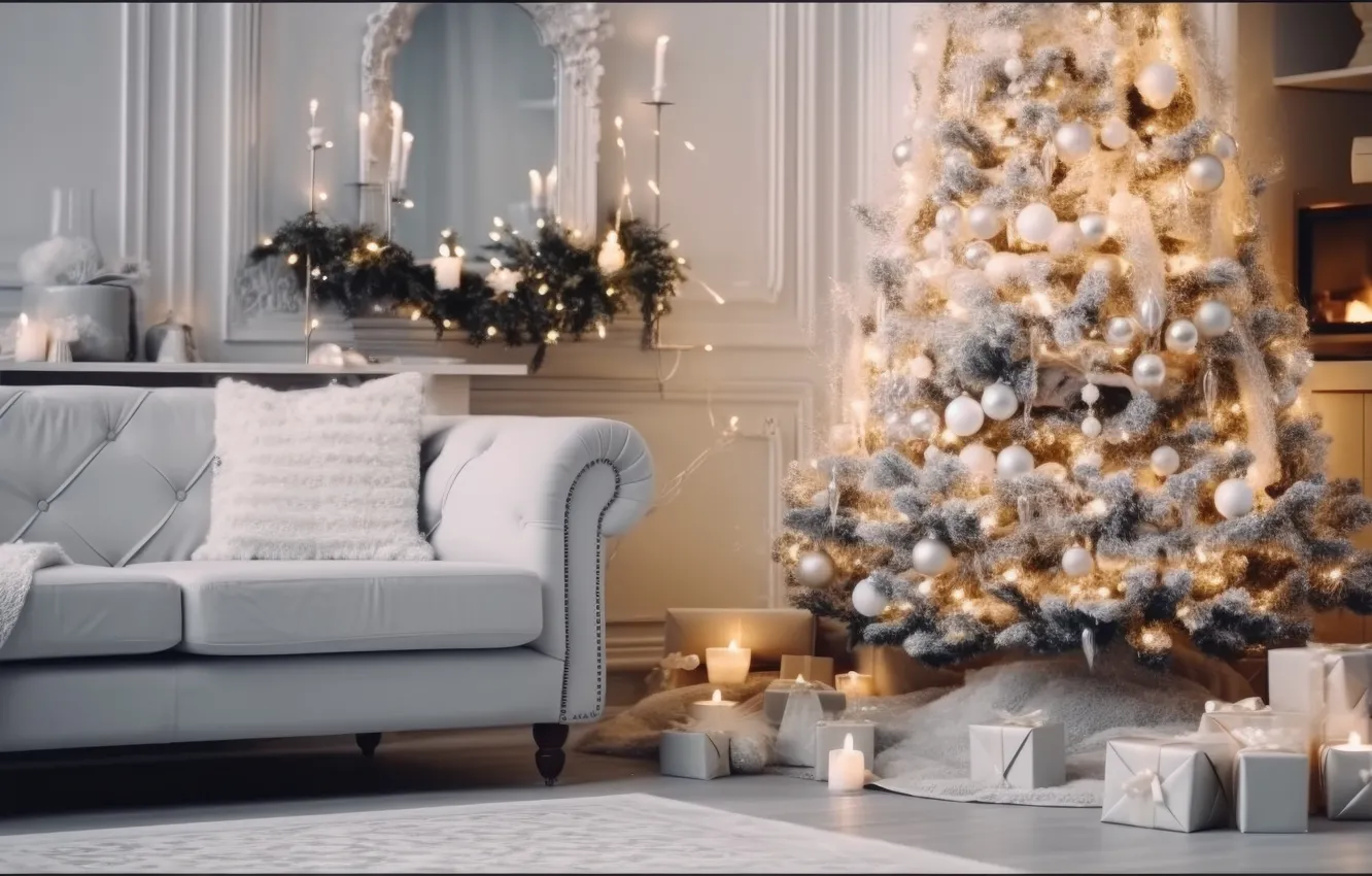 Photo wallpaper white, balls, room, sofa, wall, gift, new year, interior