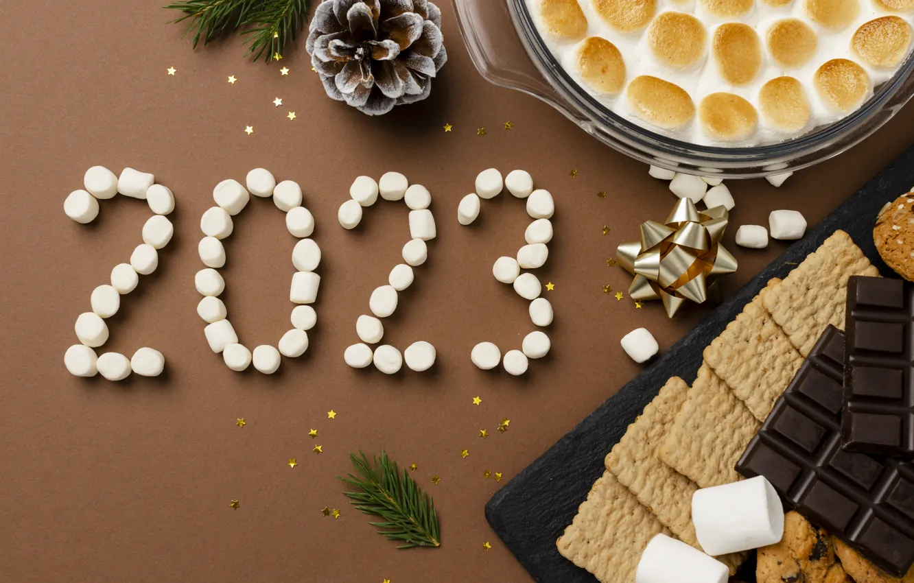 Photo wallpaper new year, chocolate, cookies, plate, candy, figures, pie, needles
