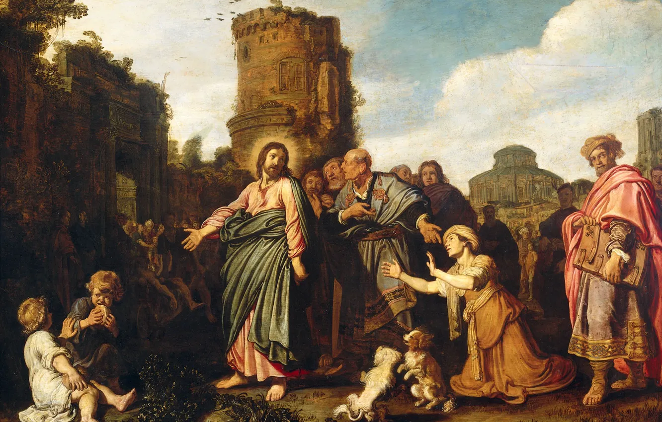Photo wallpaper tree, oil, picture, mythology, Peter And Pieter Lastman, Christ and the Woman of Canaan