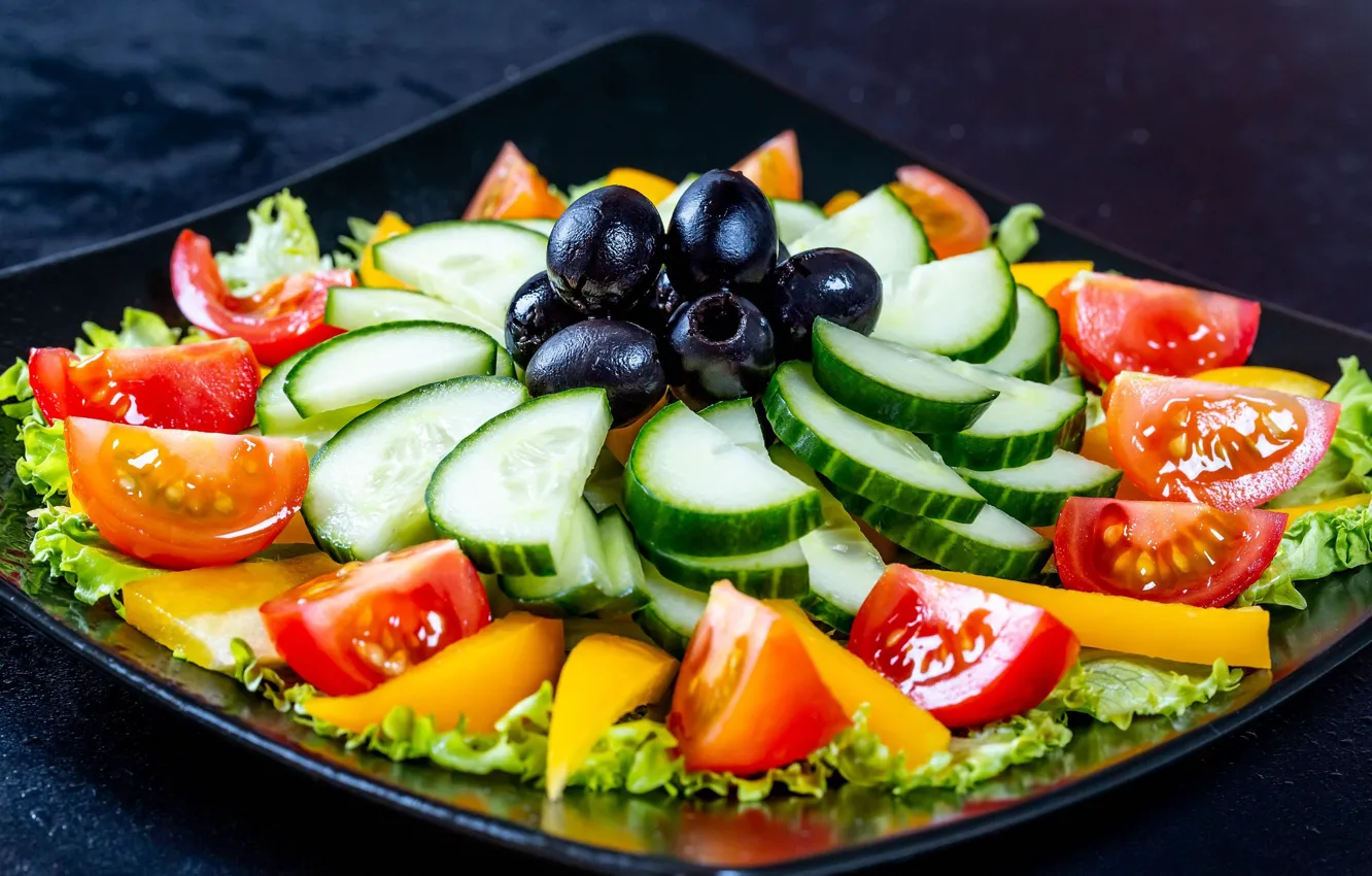 Photo wallpaper pepper, vegetables, tomatoes, cucumbers, salad, olives