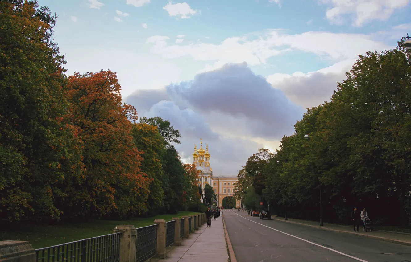 Photo wallpaper autumn, clouds, sunset, Peter, Saint Petersburg, Pushkin, the Golden domes