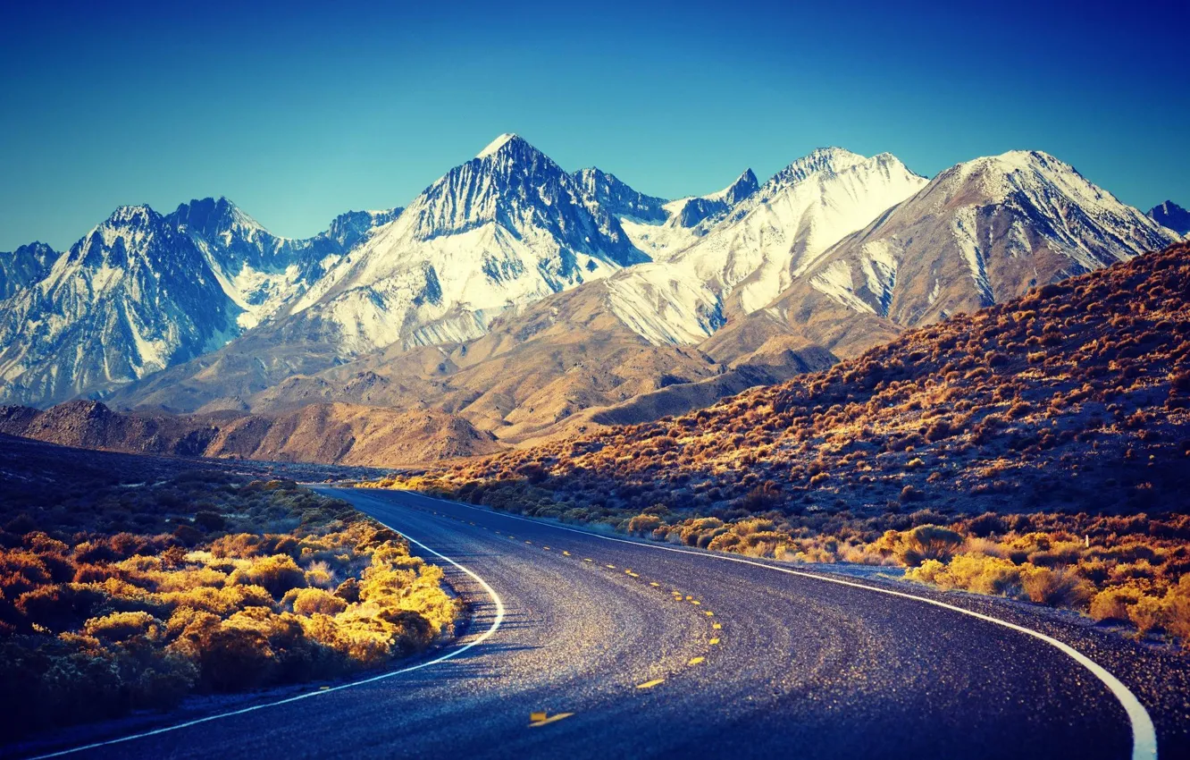 Photo wallpaper road, nature, Snow, mountain, beauty, scenery