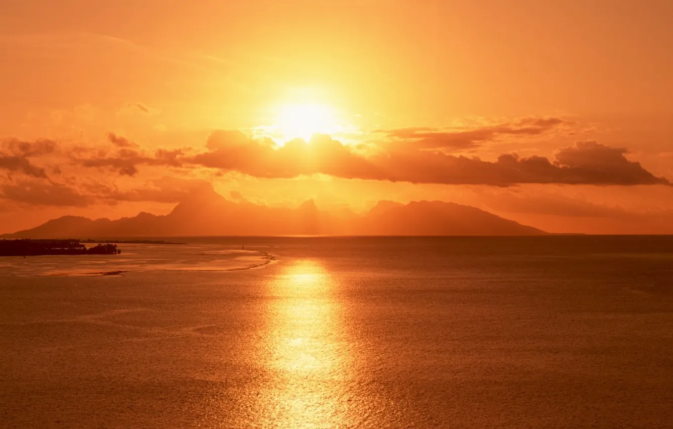 Photo wallpaper sea, the sun, sunset, mountains, island