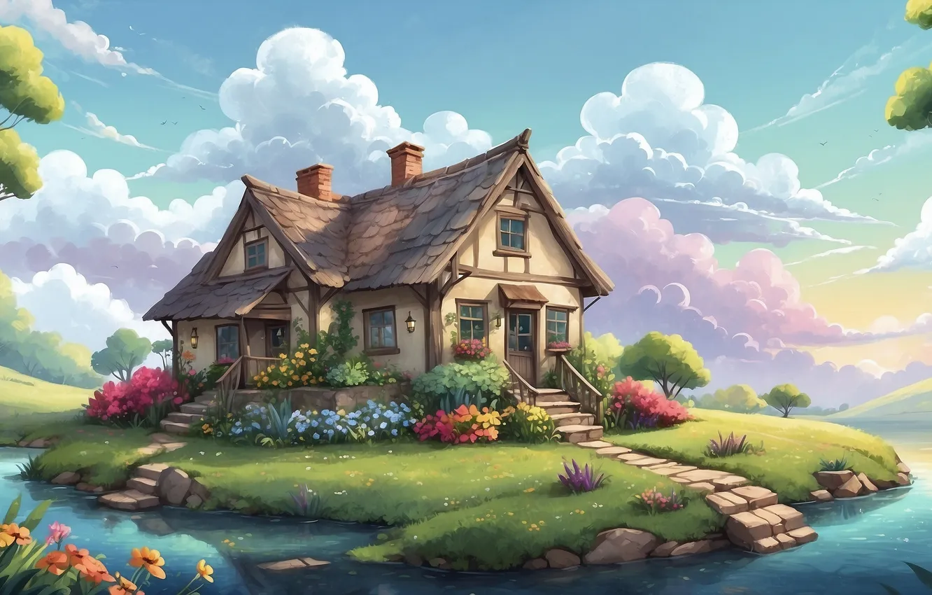 Photo wallpaper house, landscape, clouds, digital art, stream, illustration, digital painting, AI art