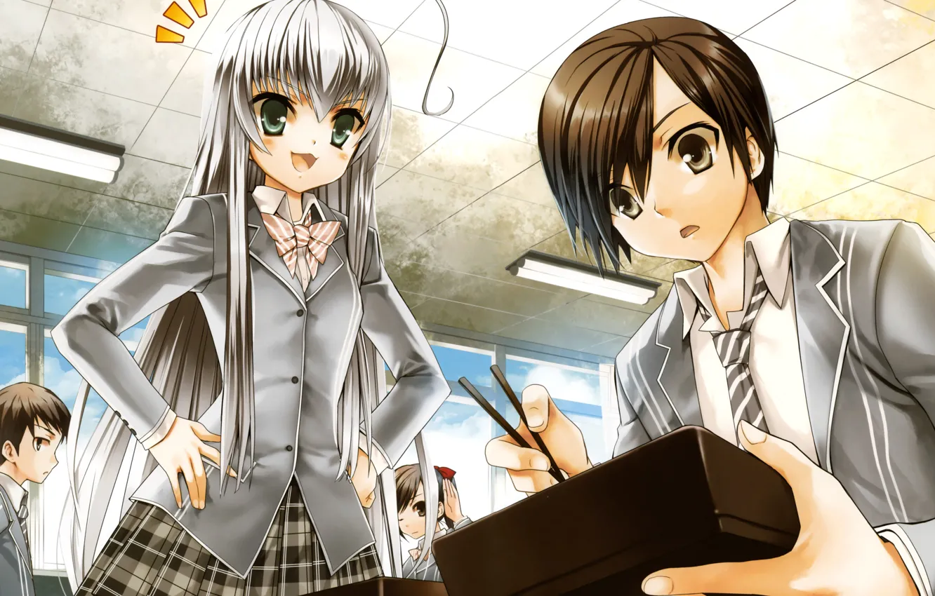 Photo wallpaper look, girl, surprise, sticks, anime, art, class, guy
