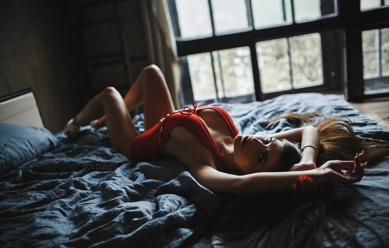Photo wallpaper swimsuit, pose, bed, bed, ARTEM SOLOVЬEV, Julia Zhukova