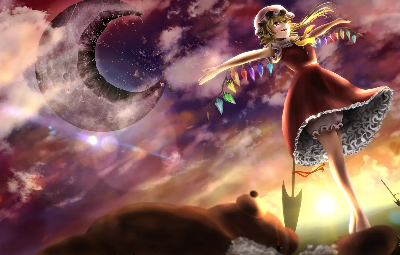 Photo wallpaper girl, joy, sunset, the moon, toy, the demon, gesture, touhou