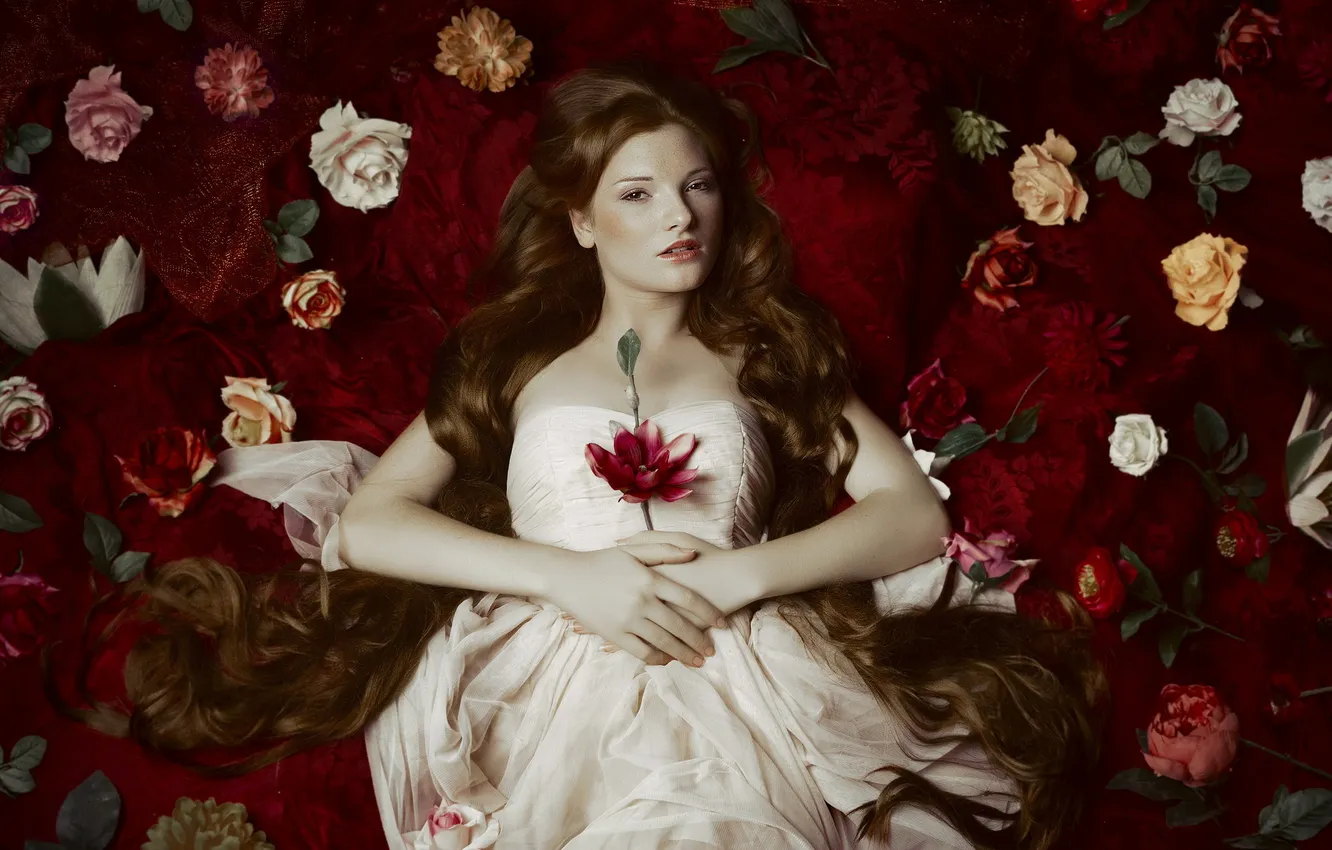 Photo wallpaper look, flowers, girl