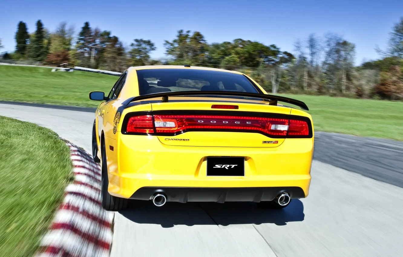 Photo wallpaper trees, yellow, turn, turn, muscle car, Dodge, rear view, dodge