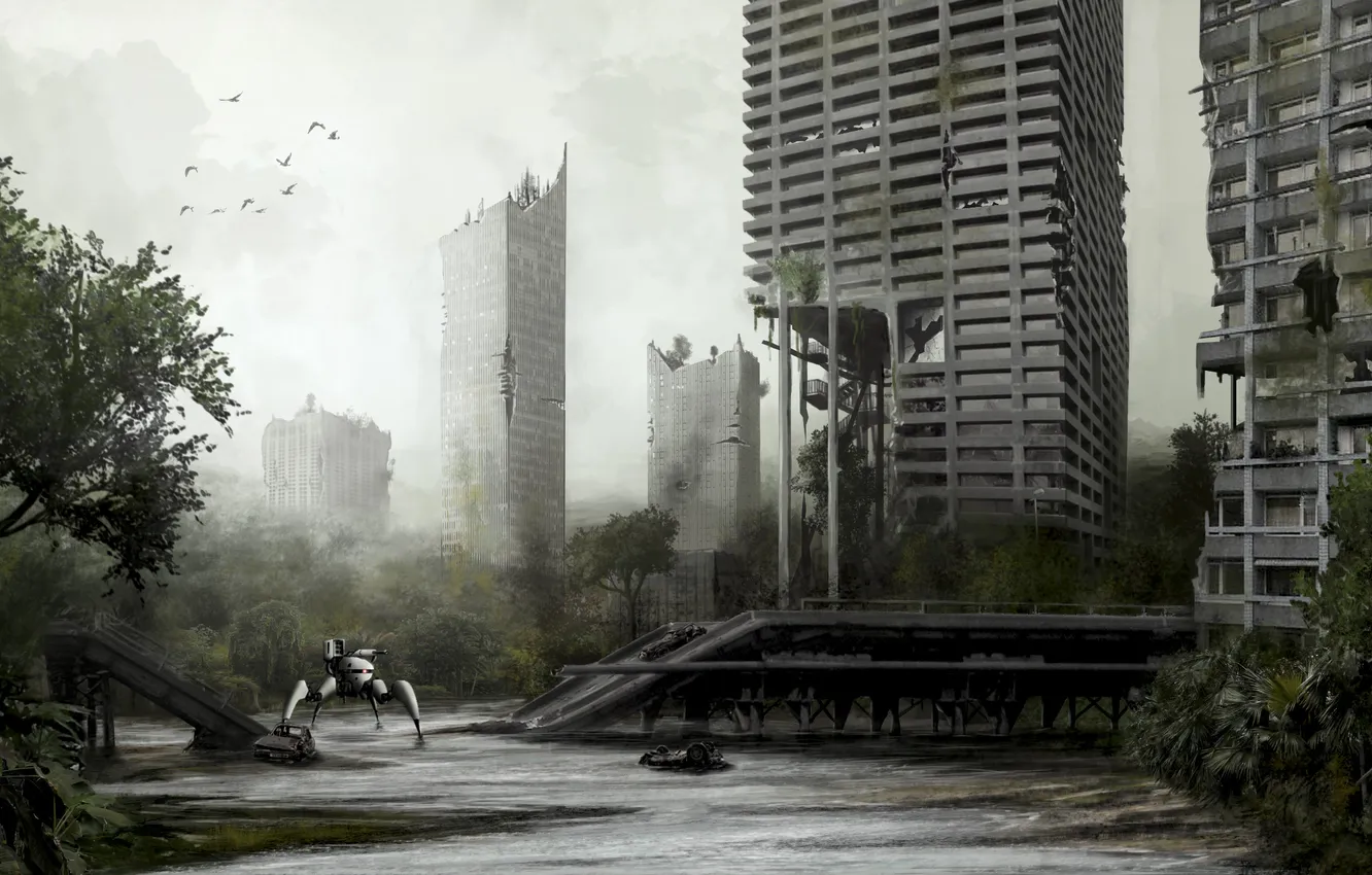 Photo wallpaper trees, the city, swamp, robot, postapokalipsis, war, pustosh