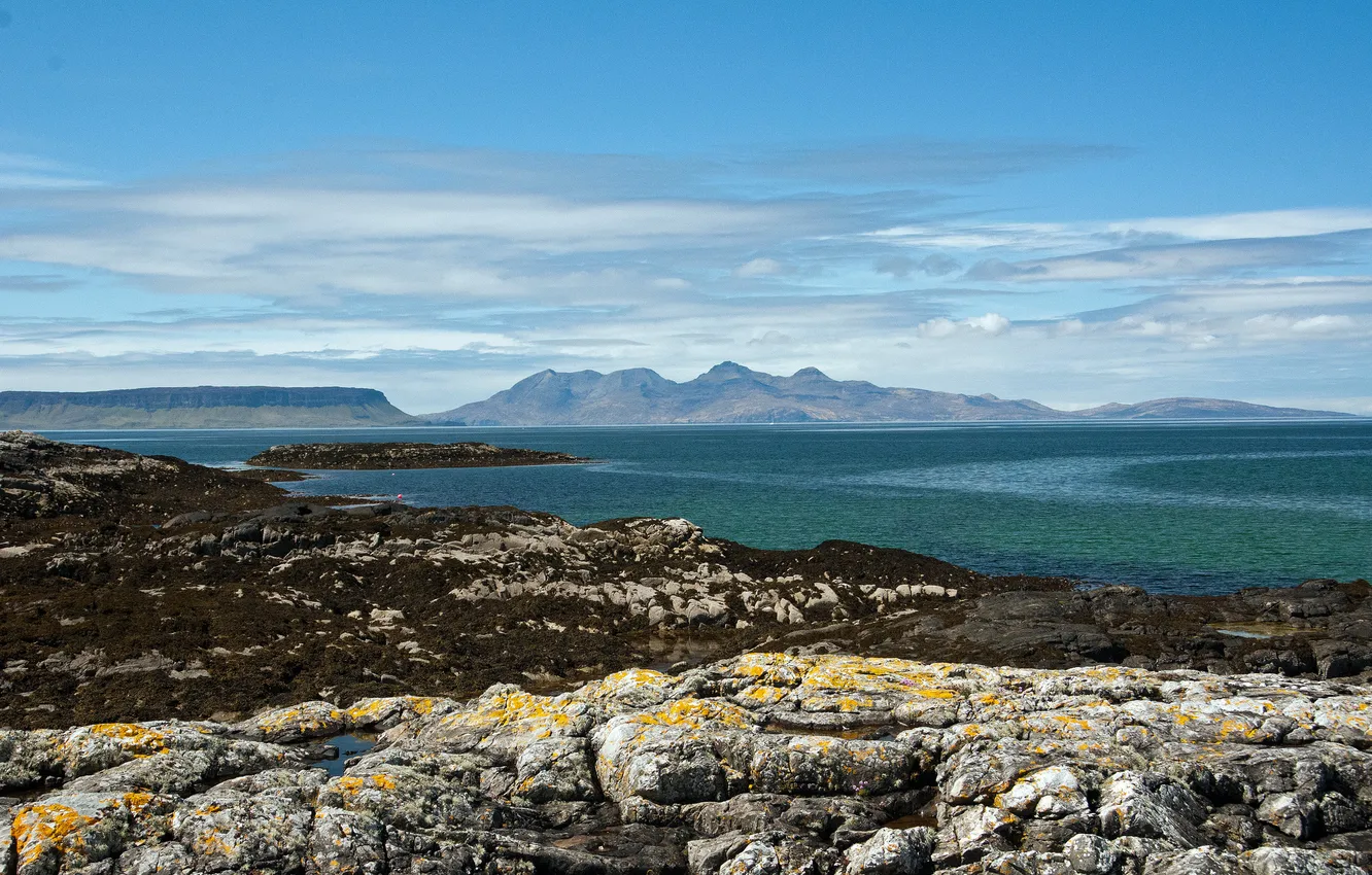 Photo wallpaper the sky, clouds, mountains, lake, stones, moss
