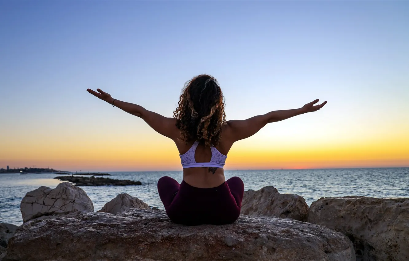 Photo wallpaper sea, girl, sunset, pose, stones, yoga, Tel Aviv