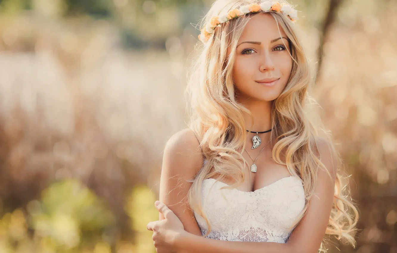 Photo wallpaper girl, smile, neckline, the beauty, wreath, Nikolay Novikov