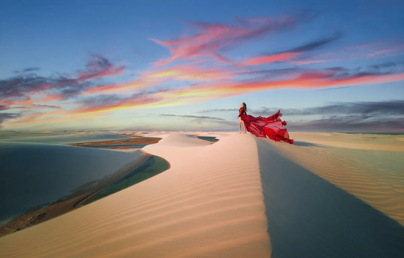 Photo wallpaper pose, nature, the wind, desert, dress, girl, the sky, height