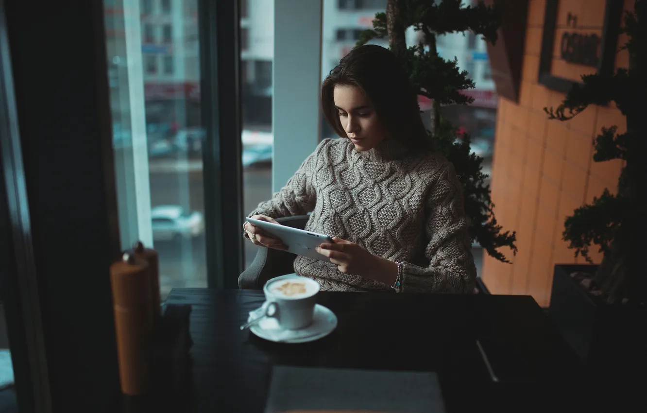 Photo wallpaper girl, table, coffee, brunette, Cup, cafe, sitting