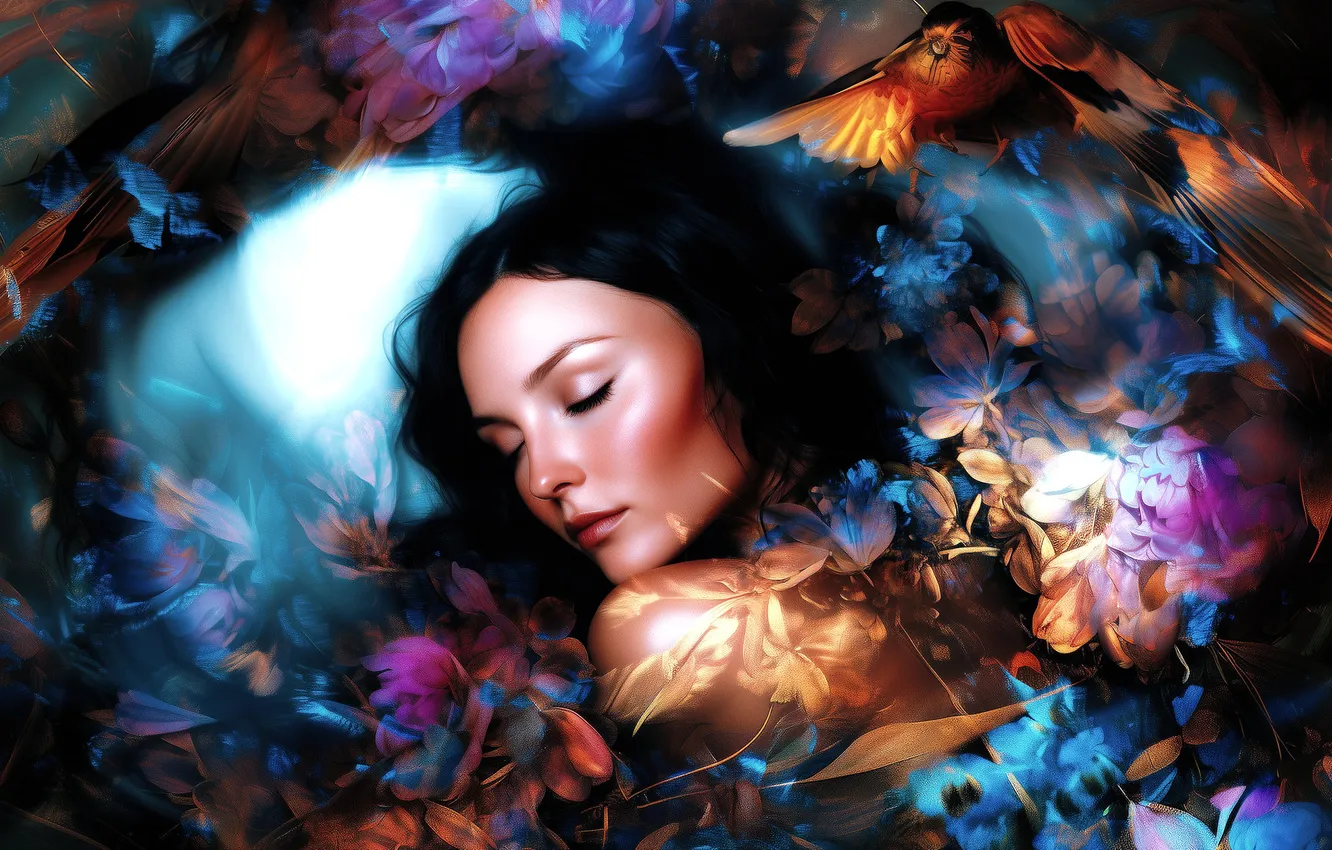 Photo wallpaper girl, flowers, abstraction, bird, sleep, brunette, sleeping, closed eyes