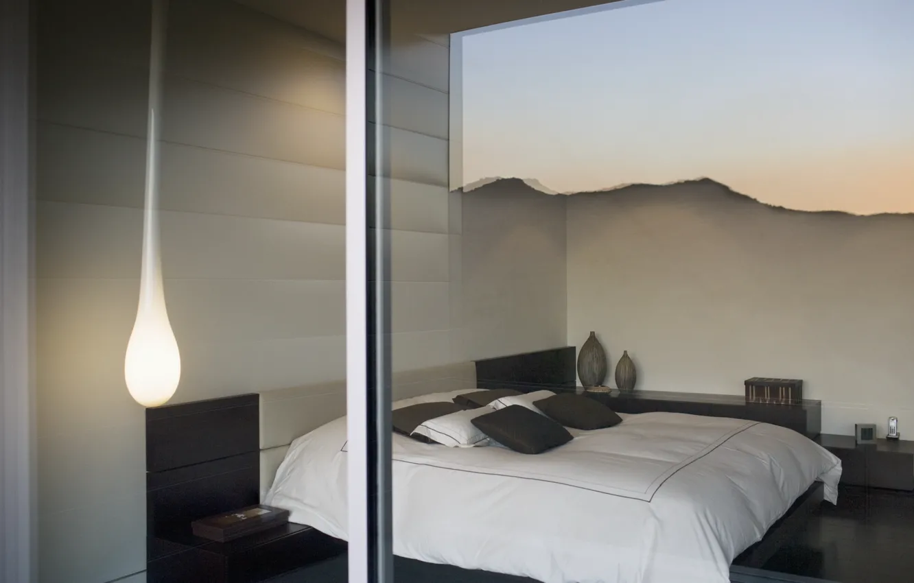 Photo wallpaper glass, design, reflection, room, lamp, bed, interior, window