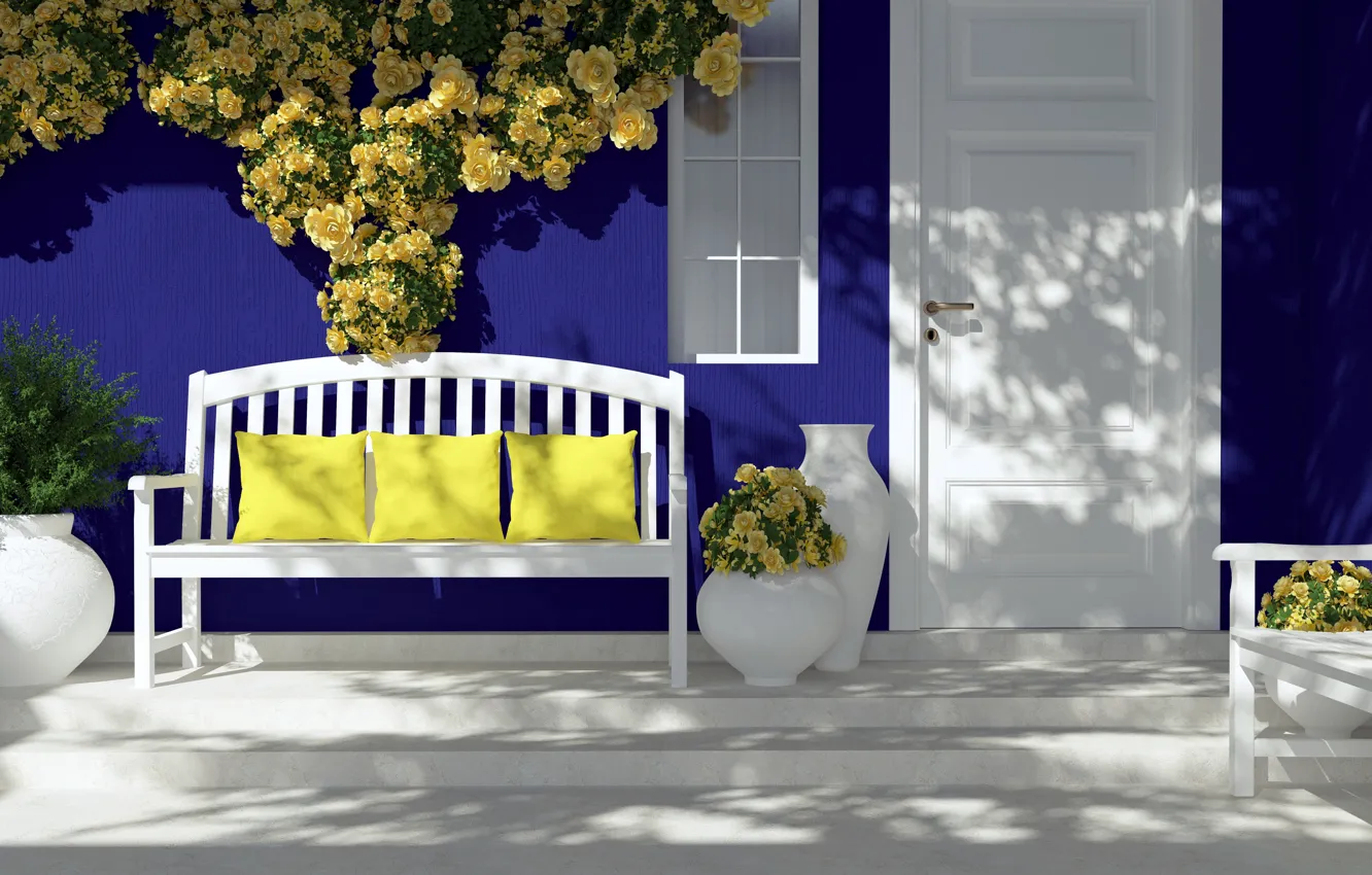 Photo wallpaper flowers, interior, pillow, the door, window, shop, vase, yellow roses